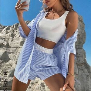 Blue and White Striped Casual Set